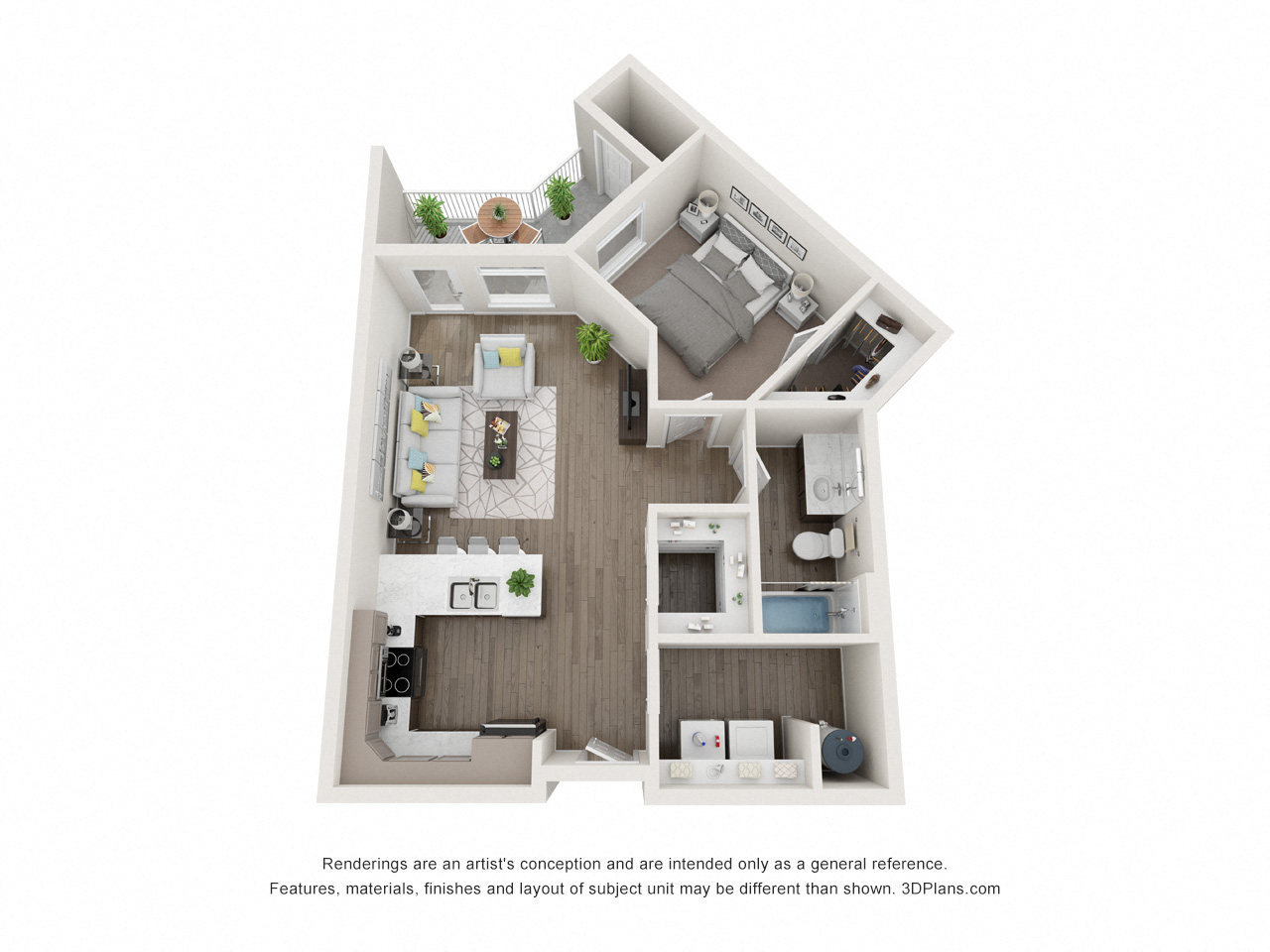 Floor plan for 1 bed, 1 bath, 713 sqft